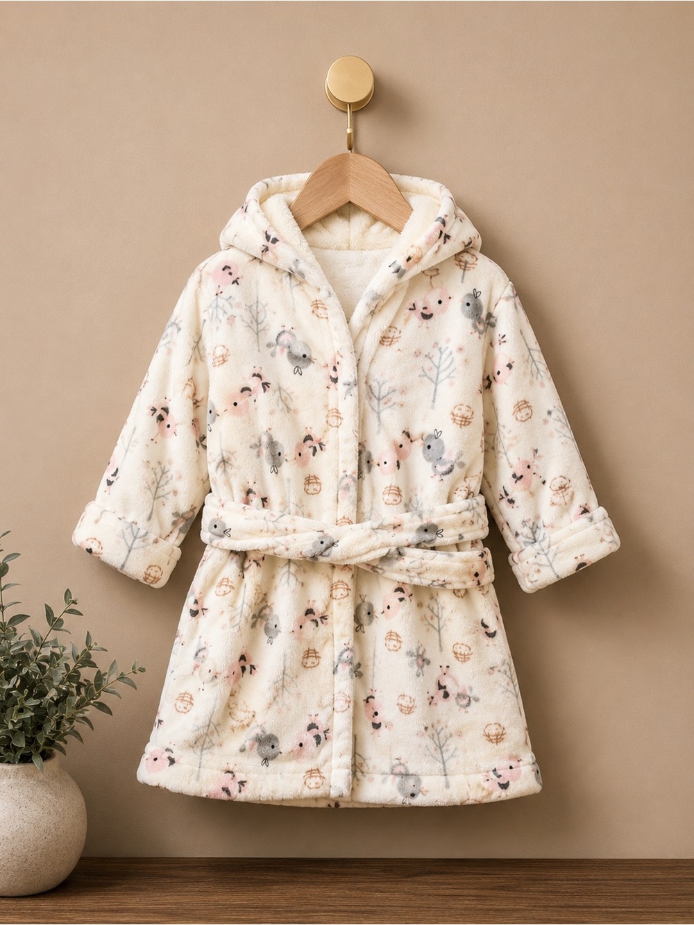 Blankets & Beyond Plush Hooded Baby Robe Pink Bird Print 18-24 months